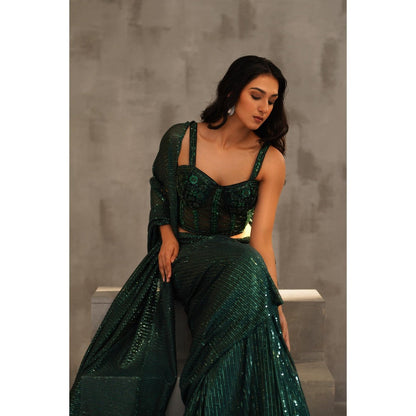 Deepika Chadha Bottle Green Embroidered Pre-Drape Saree with Stitched Blouse