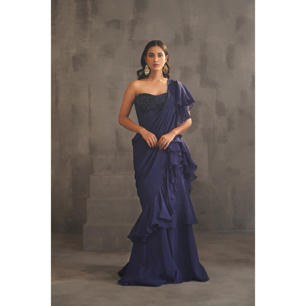 Deepika Chadha Navy Blue Embroidered Pre-Drape Saree with Stitched Blouse