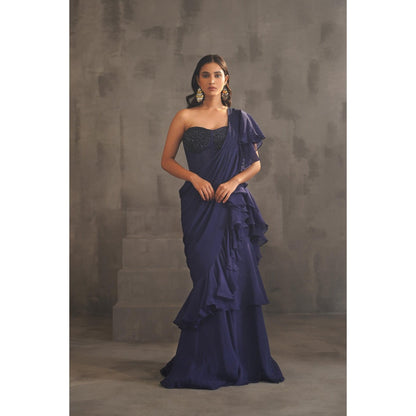 Deepika Chadha Navy Blue Embroidered Pre-Drape Saree with Stitched Blouse