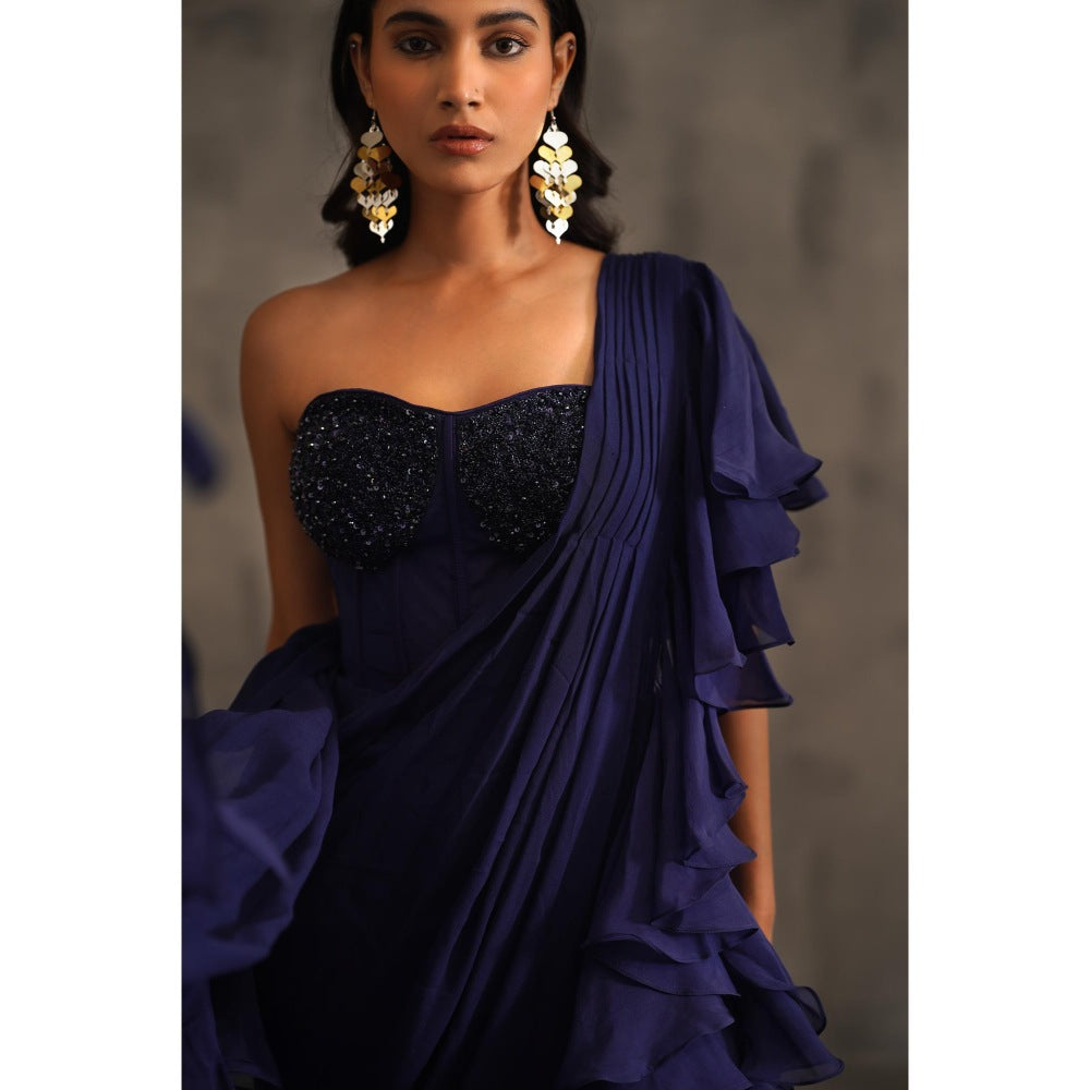 Deepika Chadha Navy Blue Embroidered Pre-Drape Saree with Stitched Blouse