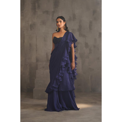 Deepika Chadha Navy Blue Embroidered Pre-Drape Saree with Stitched Blouse