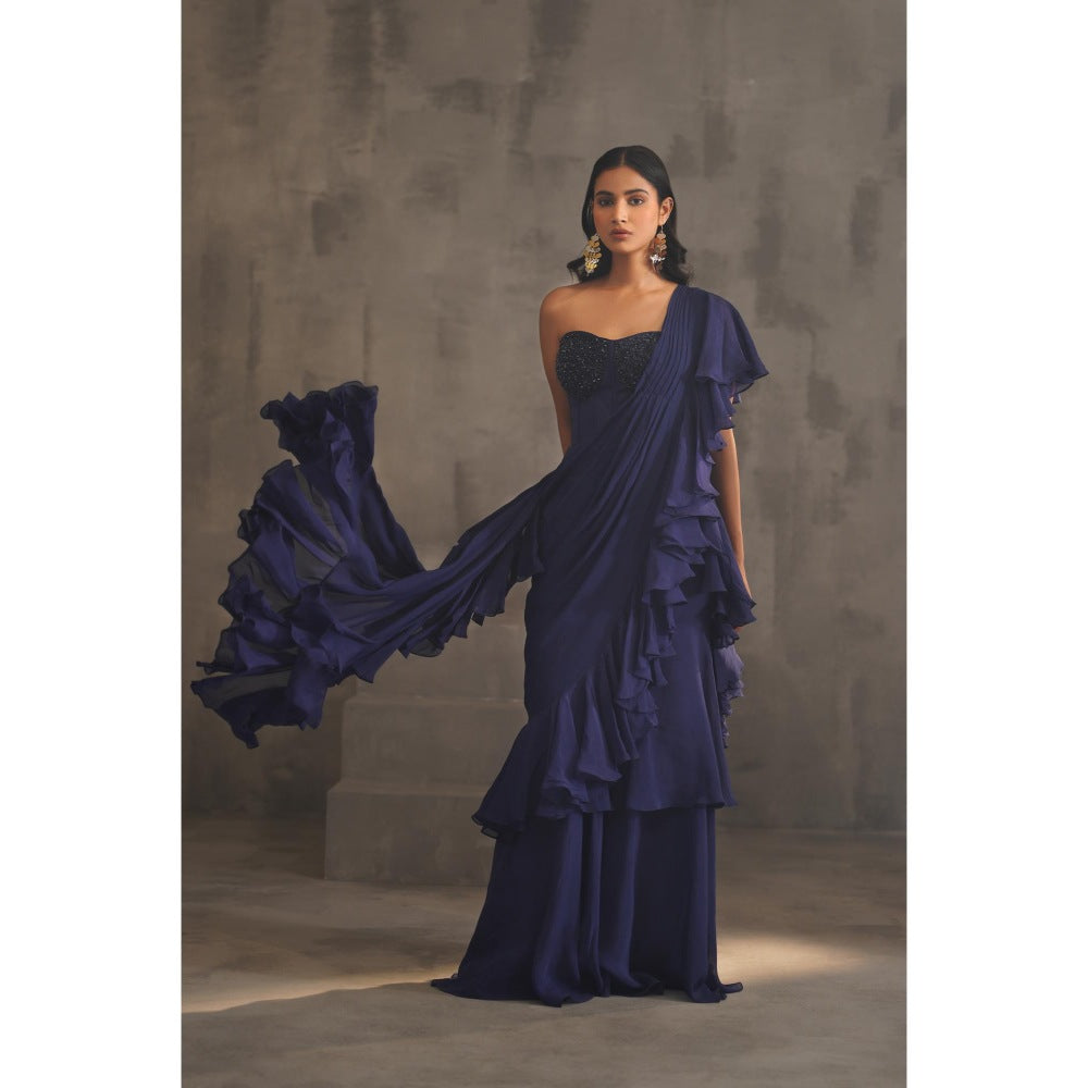 Deepika Chadha Navy Blue Embroidered Pre-Drape Saree with Stitched Blouse