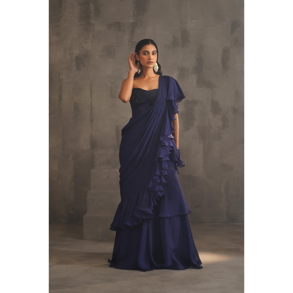 Deepika Chadha Navy Blue Embroidered Pre-Drape Saree with Stitched Blouse