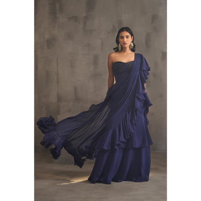 Deepika Chadha Navy Blue Embroidered Pre-Drape Saree with Stitched Blouse