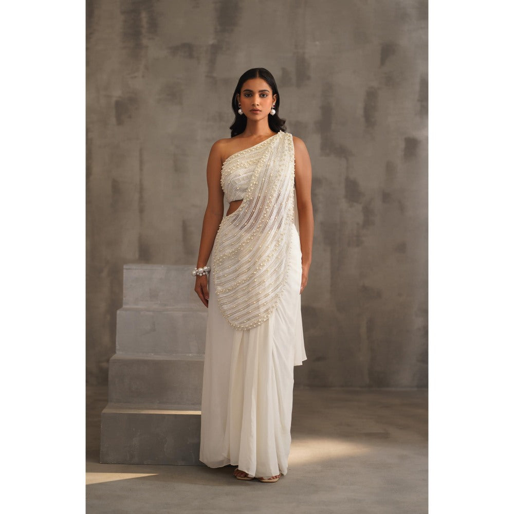Deepika Chadha White Embroidered Pre-Drape Saree with Stitched Blouse