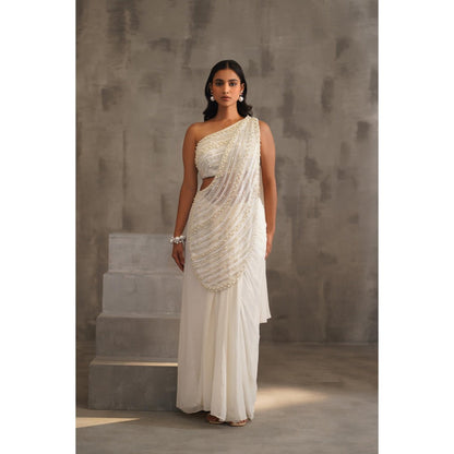 Deepika Chadha White Embroidered Pre-Drape Saree with Stitched Blouse