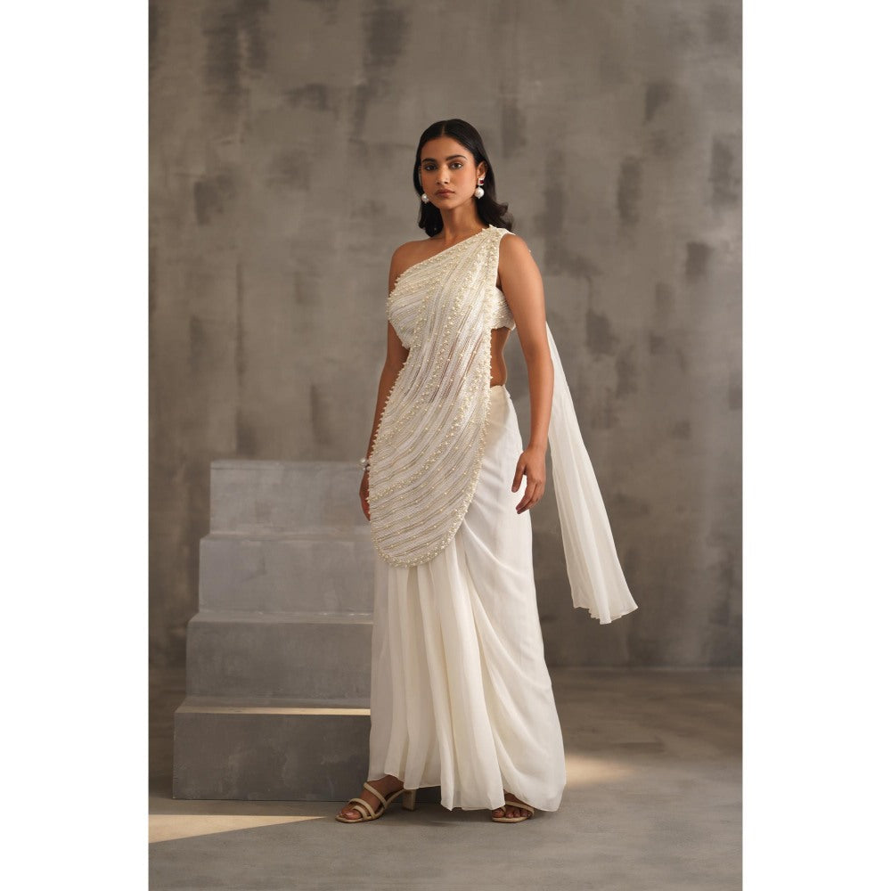 Deepika Chadha White Embroidered Pre-Drape Saree with Stitched Blouse