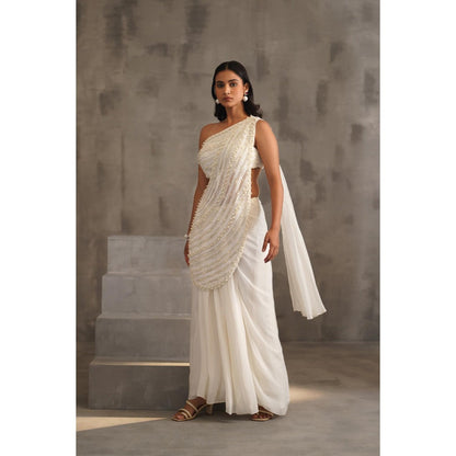 Deepika Chadha White Embroidered Pre-Drape Saree with Stitched Blouse
