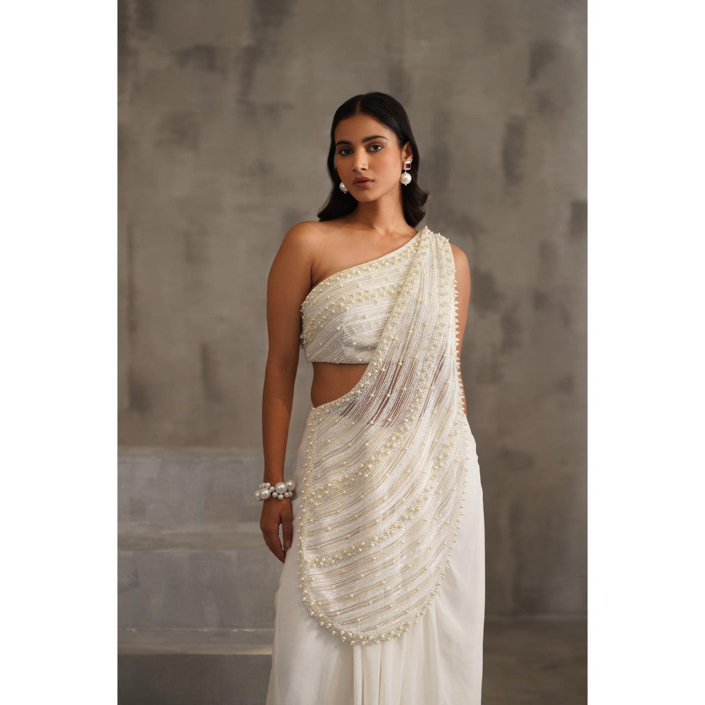Deepika Chadha White Embroidered Pre-Drape Saree with Stitched Blouse