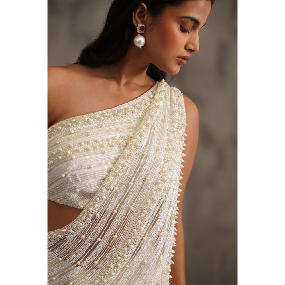 Deepika Chadha White Embroidered Pre-Drape Saree with Stitched Blouse