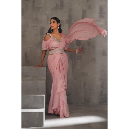 Deepika Chadha Baby Pink Embroidered Pre-Draped Saree with Stitched Blouse and Belt