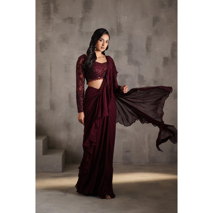 Deepika Chadha Wine Embroidered Pre-Draped Ruffle Saree with Stitched Blouse