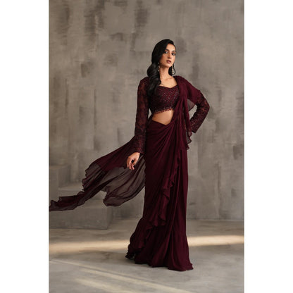 Deepika Chadha Wine Embroidered Pre-Draped Ruffle Saree with Stitched Blouse