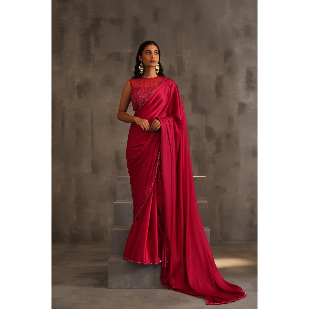 Deepika Chadha Pink Embroidered Saree with Stitched Blouse and Petticoat