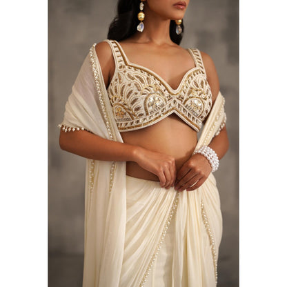 Deepika Chadha Ivory Embroidered Pre-Draped Saree with Stitched Blouse