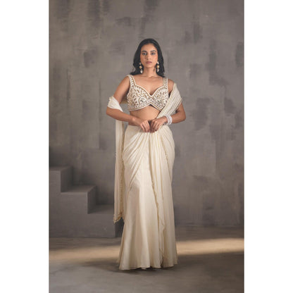 Deepika Chadha Ivory Embroidered Pre-Draped Saree with Stitched Blouse