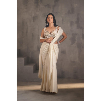 Deepika Chadha Ivory Embroidered Pre-Draped Saree with Stitched Blouse