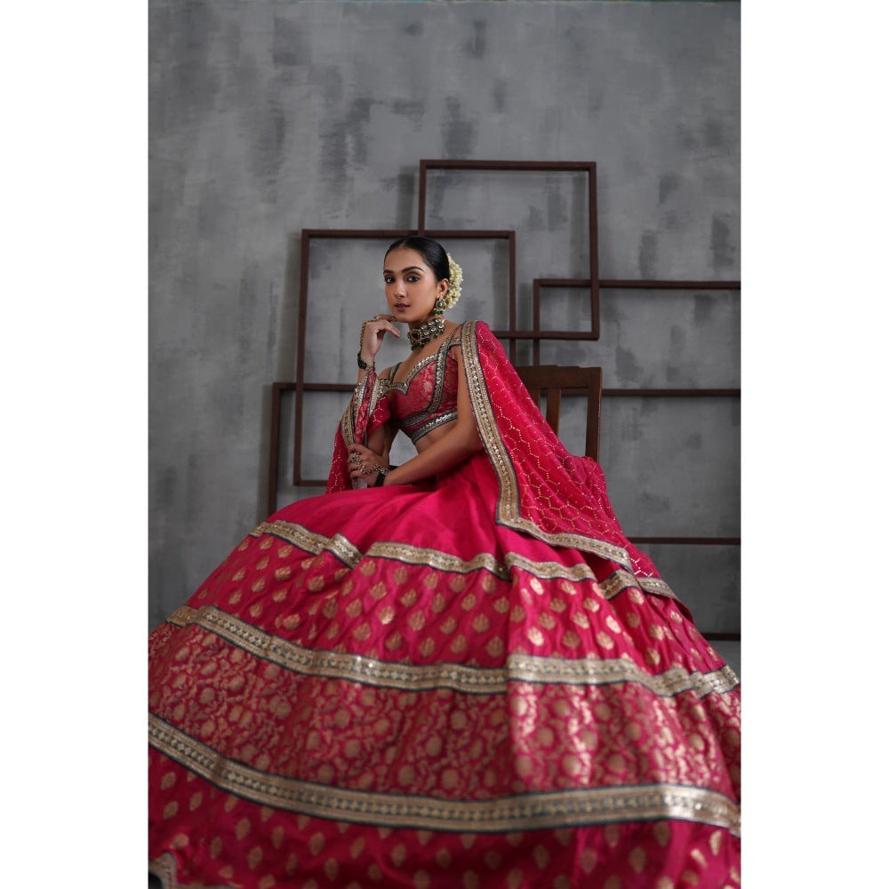 Deepika Chadha Hot Pink Brocade Blouse with Lehenga and Dupatta (Set of 3)