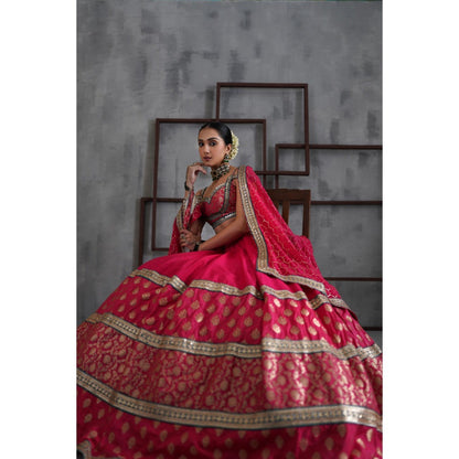 Deepika Chadha Hot Pink Brocade Blouse with Lehenga and Dupatta (Set of 3)