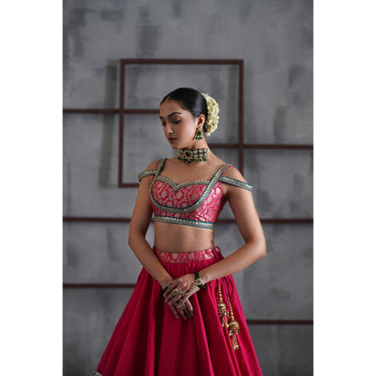 Deepika Chadha Hot Pink Brocade Blouse with Lehenga and Dupatta (Set of 3)