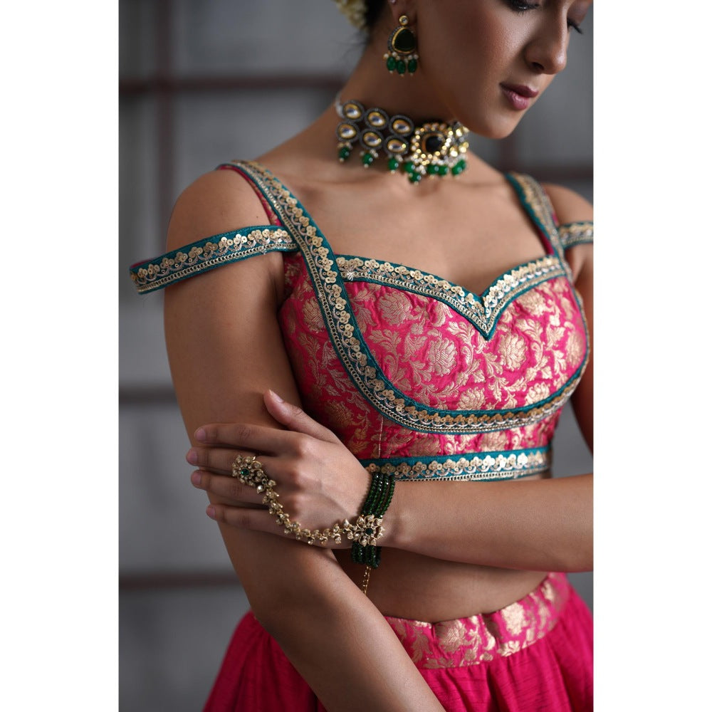 Deepika Chadha Hot Pink Brocade Blouse with Lehenga and Dupatta (Set of 3)