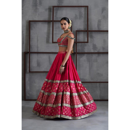 Deepika Chadha Hot Pink Brocade Blouse with Lehenga and Dupatta (Set of 3)