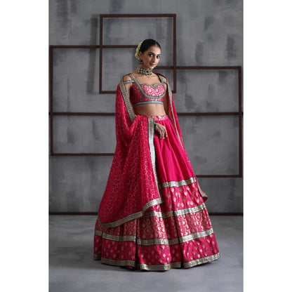 Deepika Chadha Hot Pink Brocade Blouse with Lehenga and Dupatta (Set of 3)