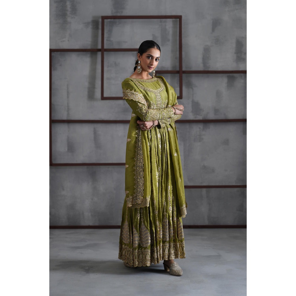 Deepika Chadha Mehendi Green Embroidered Anarkali with Churidar and Dupatta (Set of 3)