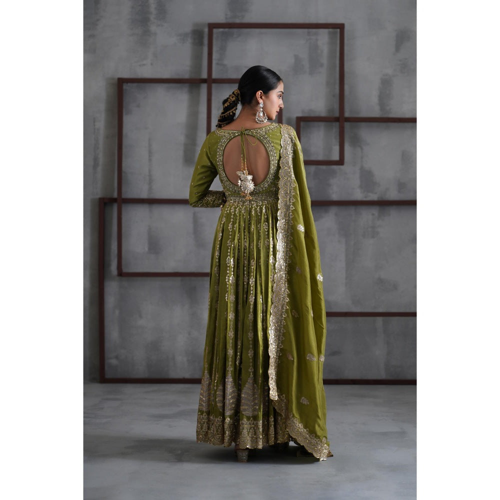 Deepika Chadha Mehendi Green Embroidered Anarkali with Churidar and Dupatta (Set of 3)