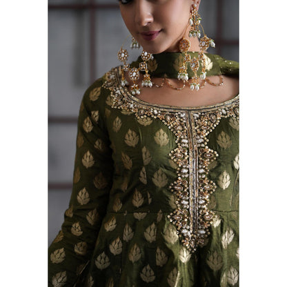 Deepika Chadha Olive Green Peplum Top with Dhoti and Choker Dupatta (Set of 3)