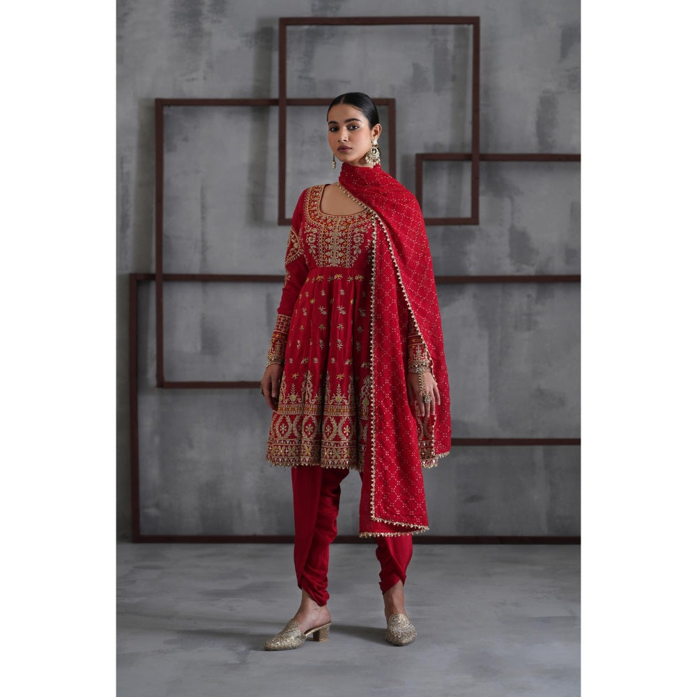 Deepika Chadha Red Embroidered Anarkali with Dhoti and Dupatta (Set of 3)