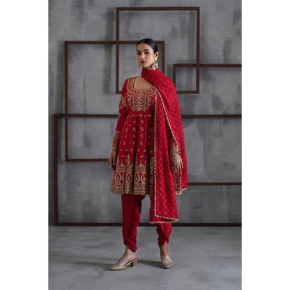 Deepika Chadha Red Embroidered Anarkali with Dhoti and Dupatta (Set of 3)