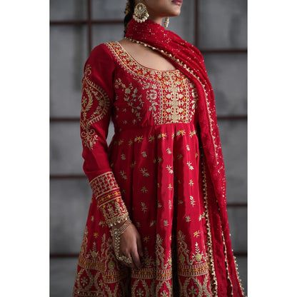 Deepika Chadha Red Embroidered Anarkali with Dhoti and Dupatta (Set of 3)