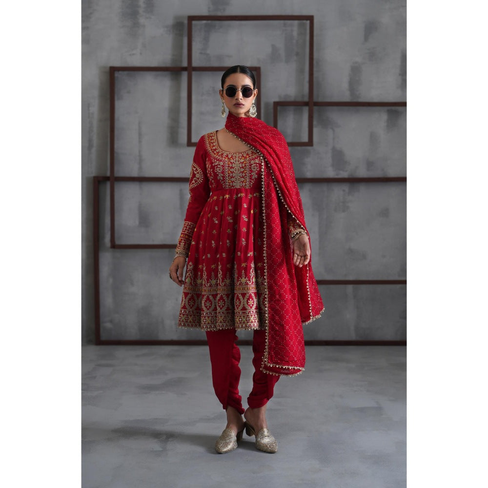 Deepika Chadha Red Embroidered Anarkali with Dhoti and Dupatta (Set of 3)