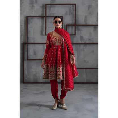 Deepika Chadha Red Embroidered Anarkali with Dhoti and Dupatta (Set of 3)