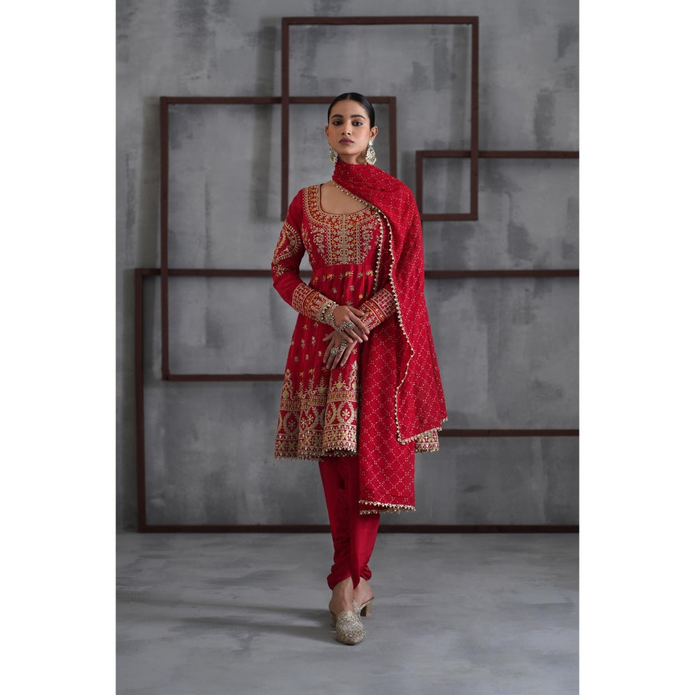 Deepika Chadha Red Embroidered Anarkali with Dhoti and Dupatta (Set of 3)