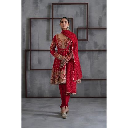 Deepika Chadha Red Embroidered Anarkali with Dhoti and Dupatta (Set of 3)