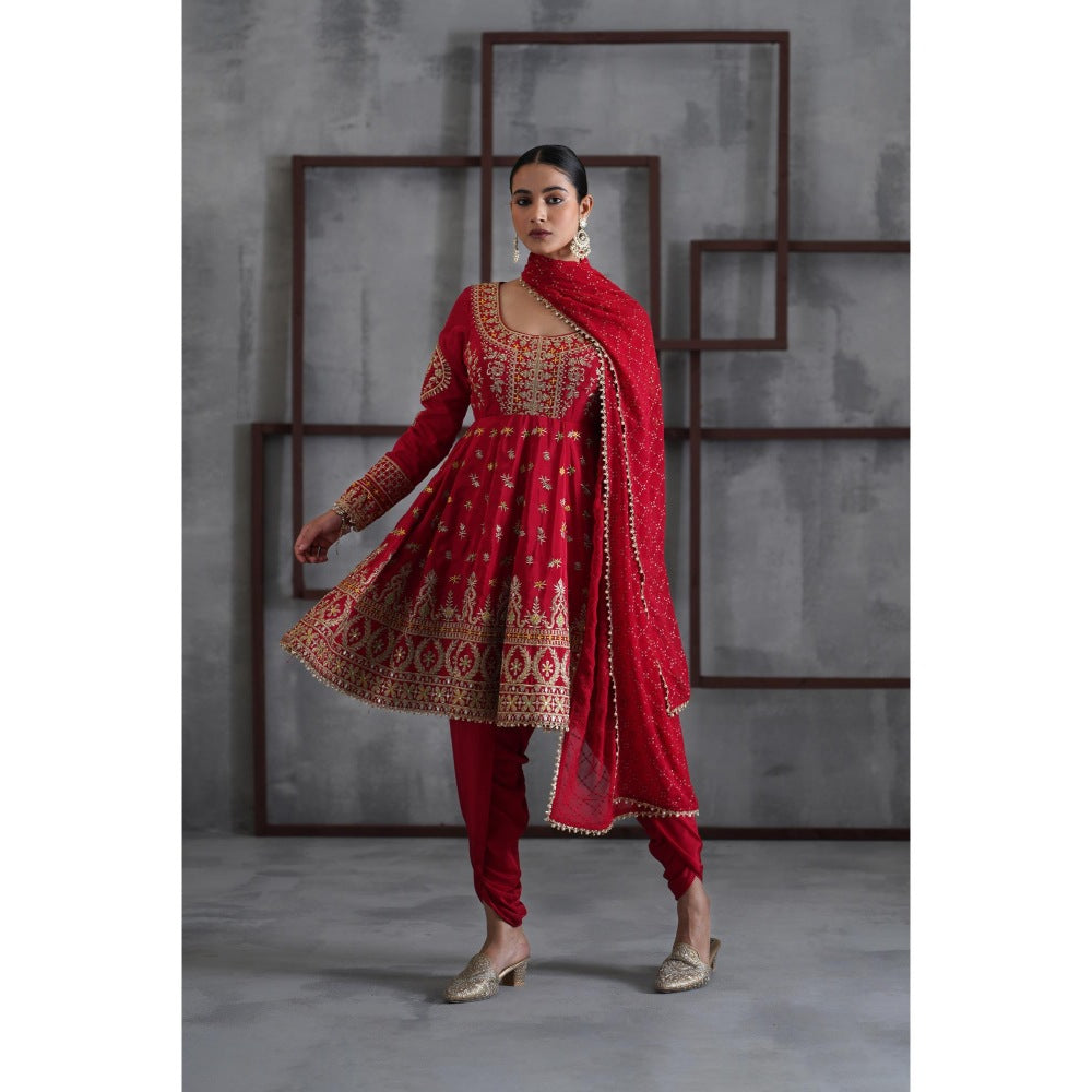 Deepika Chadha Red Embroidered Anarkali with Dhoti and Dupatta (Set of 3)