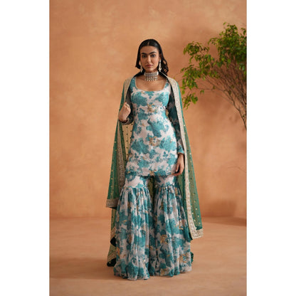Deepika Chadha Blue Printed Kurti with Sharara and Dupatta (Set of 3)