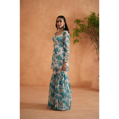 Deepika Chadha Blue Printed Kurti with Sharara and Dupatta (Set of 3)