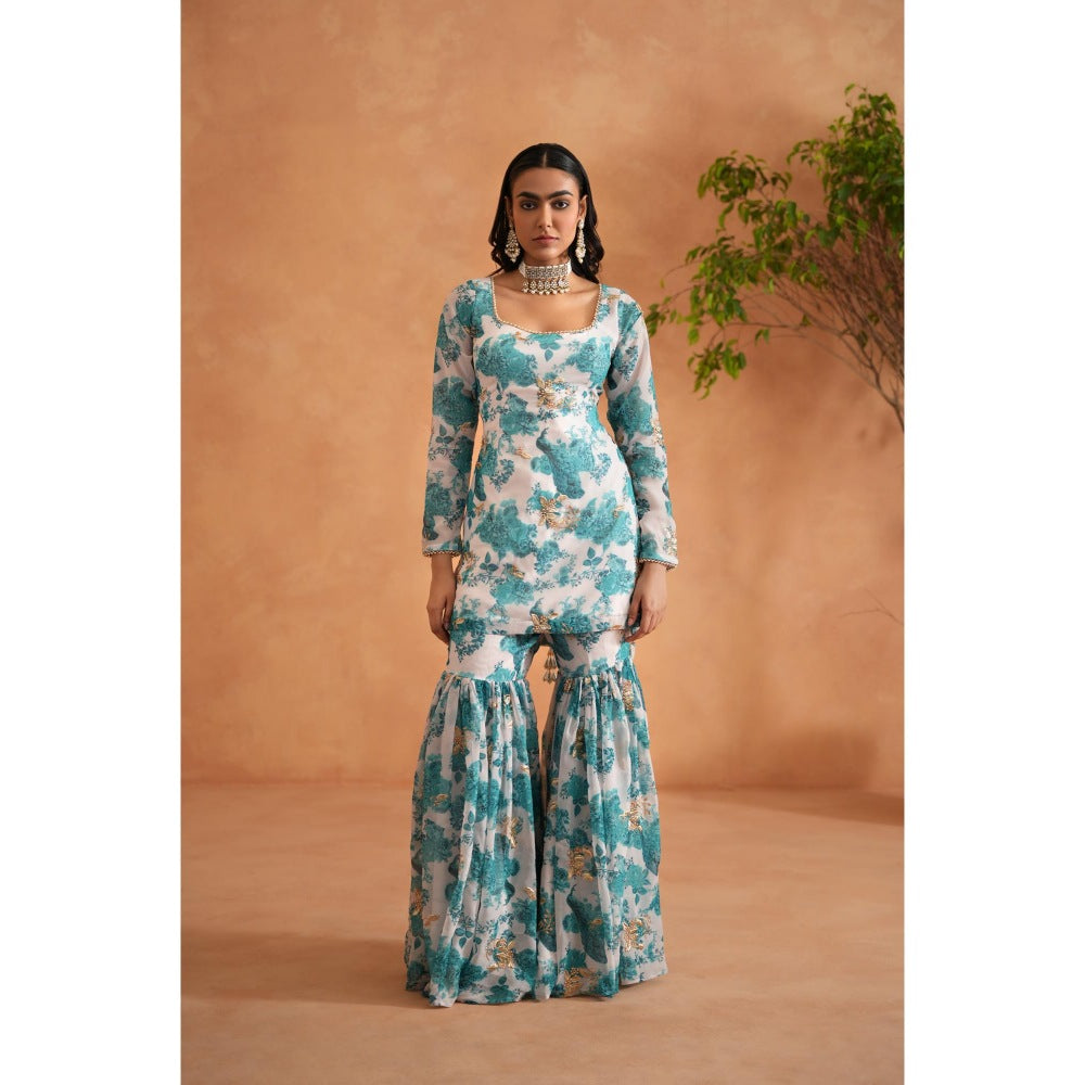 Deepika Chadha Blue Printed Kurti with Sharara and Dupatta (Set of 3)