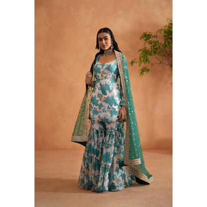 Deepika Chadha Blue Printed Kurti with Sharara and Dupatta (Set of 3)