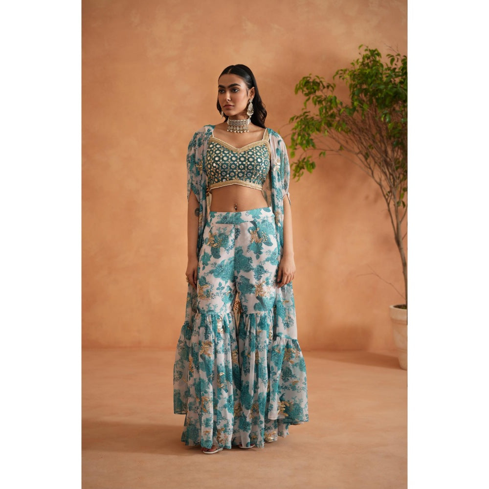 Deepika Chadha Blue Mirror Blouse with Shara and Cape (Set of 3)
