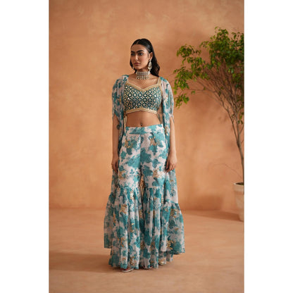 Deepika Chadha Blue Mirror Blouse with Shara and Cape (Set of 3)