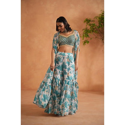 Deepika Chadha Blue Mirror Blouse with Shara and Cape (Set of 3)