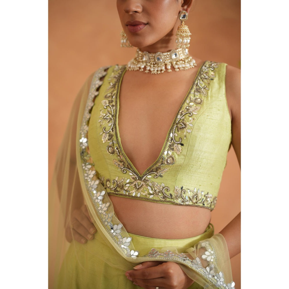 Deepika Chadha Lime Yellow Embroidered Blouse with Lehenga and Dupatta (Set of 3)