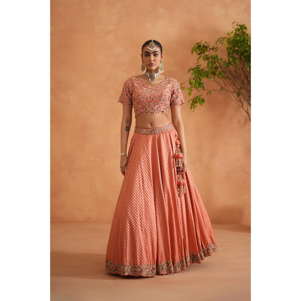 Deepika Chadha Coral Embroidery Blouse with Lehenga and Dupatta (Set of 3)