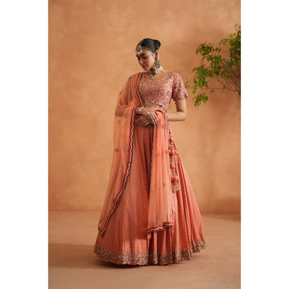 Deepika Chadha Coral Embroidery Blouse with Lehenga and Dupatta (Set of 3)