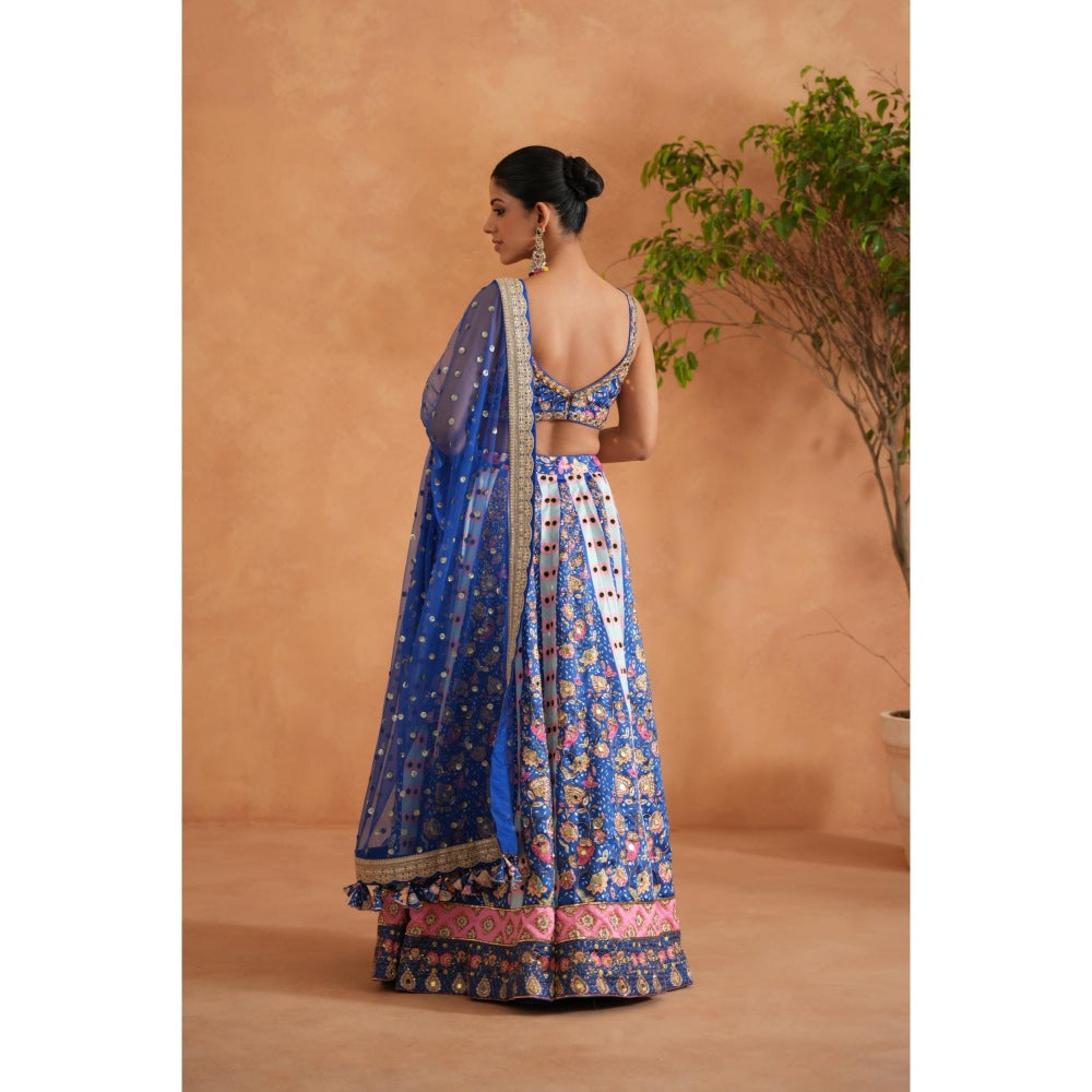 Deepika Chadha Blue Printed Blouse with Lehenga and Dupatta (Set of 3)