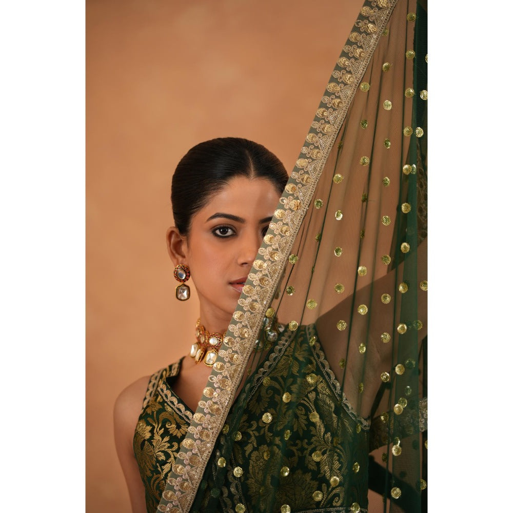 Deepika Chadha Bottle Green Brocade Blouse with Lehenga and Dupatta (Set of 3)